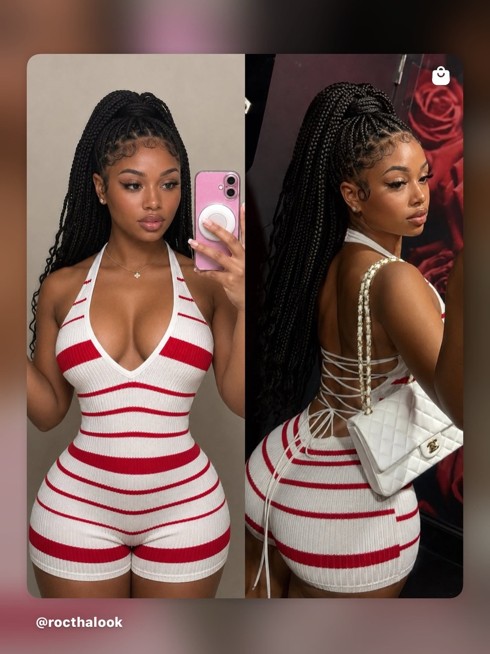 White & Red Striped Knit Halter Romper